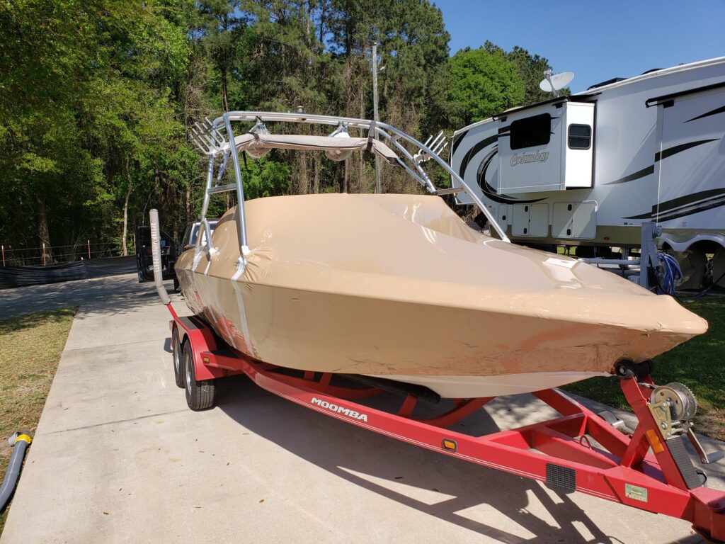 shrink wrapped boat